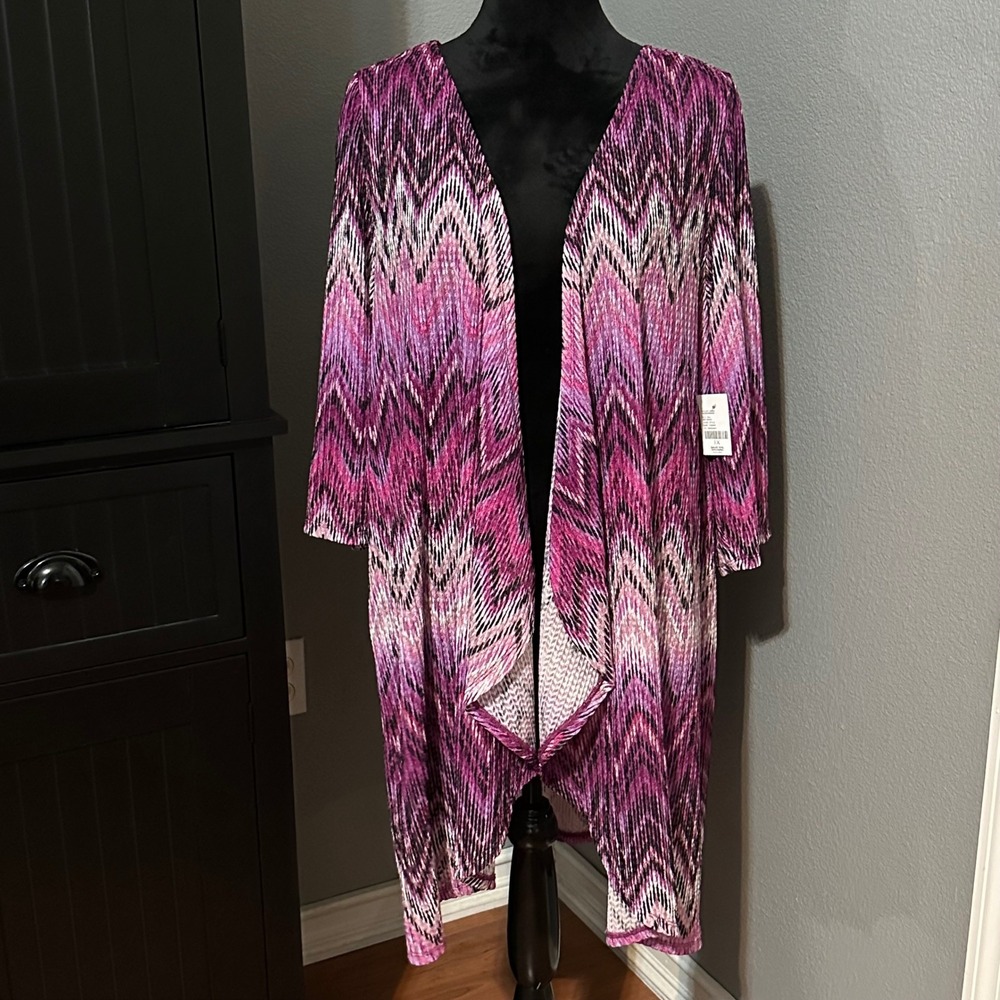 Catherines Open Front Cardigan 1Xโ Pink Purple Chevron Lightweight Longline NWT
